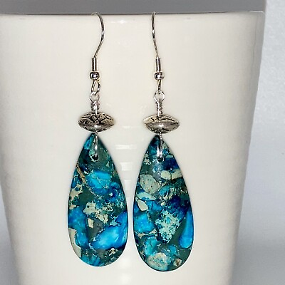 #ad Aqua Blue Jasper Teardrop Earrings. Tibetan Silver. Natural Stone Earrings Gift $18.00