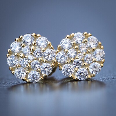 #ad 14K Gold Plated Hip Hop Round Mens Sterling Silver Cluster Cz Stud Earrings $23.99