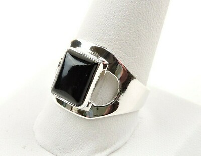 #ad Sterling Silver 3.5 ct Black Onyx Cabochon Modern Ring Free Gift Packaging $22.10