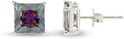 #ad Rainbow Fire Shiny Lab Created Mystic Topaz Princess Stud Earrings Silver $12.25