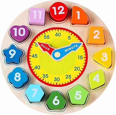 #ad Time Clock Toy for Kids Wooden Time Learning Shape Sorting Color Game Montessori $9.99