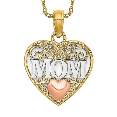 #ad 14K Two Tone Gold White Mom Heart Necklace Charm Pendant $429.00