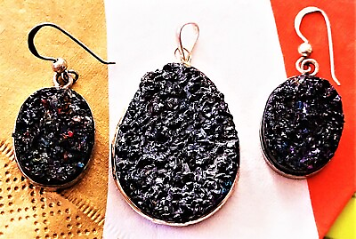 #ad Black Druzy Stone Pendant AND Black Druzy Stone Earring Handmade Silver Hue SET $7.60