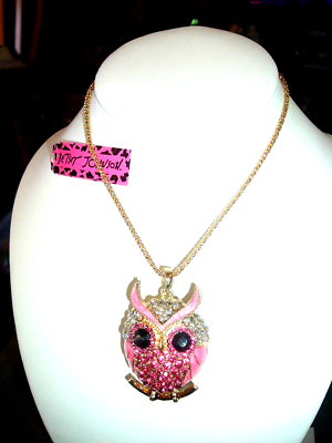 #ad Betsey Johnson PINK WHITE Pave Crystal Enamel OWL Gold Pendant NECKLACE NWT $27.94