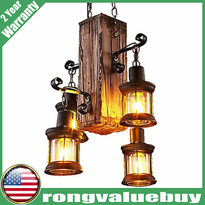 4 Light Rustic Hanging Lamp Country Chandelier Industrial Wood Pendant Light $85.00