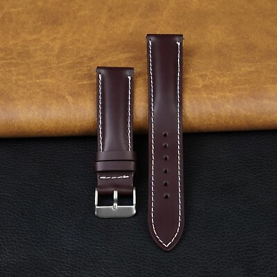 #ad Burgundy Leather Watch Strap Quick Release Men 18mm 20mm 22mm White Stitching $16.99