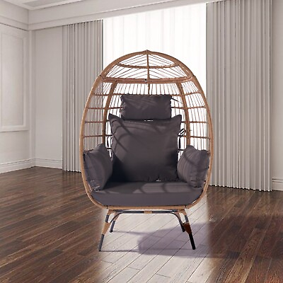#ad Wicker Egg Chair Oversized Indoor Outdoor Lounger w 5 Cushions and Stand $325.97