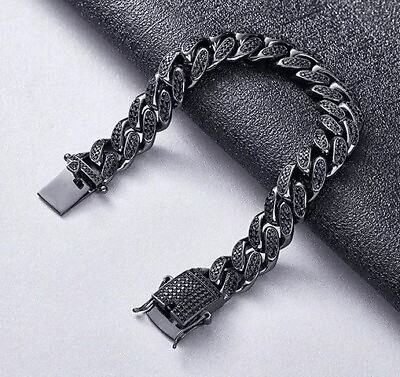 #ad Men Cuban Bracelet 10X8quot; 925 Black Sterling Silver 5 Ct Simulated Black Diamond $359.99