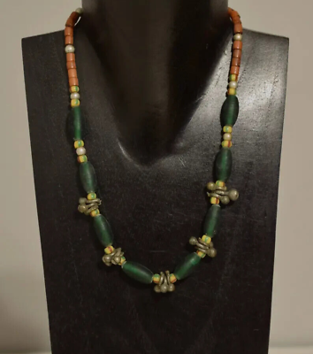 #ad Necklace African Green Glass Chevron Silver Pod Beads $18.00