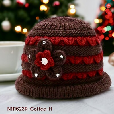#ad Winter Fall Autumn Knit Cap Rolled Bucket Insulated Coffee Burgundy Bling Flower $25.00