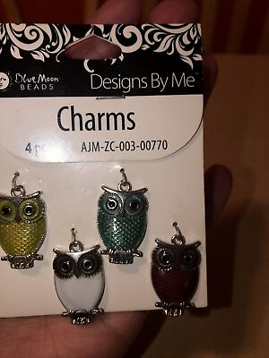 #ad Blue Moon Designs 4 Owl Charms Enameled on Original Card Green Yellow White Red $9.00