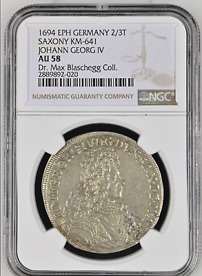 #ad 1694 EPH Germany Saxony 2 3 Thaler Taler Gulden NGC AU58 DR. M. Blaschegg Coll. $799.00