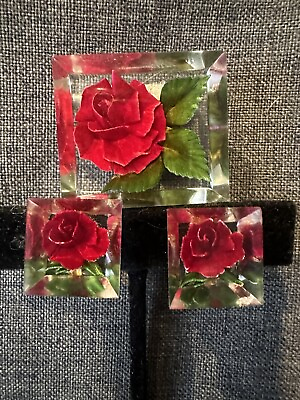 #ad Vintage Earrings Pin Rose Set In Lucite 1940 1950 Retro. Clip Ons Red Rose $50.00