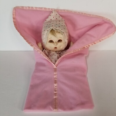 #ad Vintage Puppet Baby Doll With Pink Blanket 16 Inches Pretend Hooded Stuffed Soft $34.95