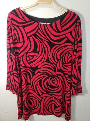 #ad Chico#x27;s Sz 2 12 14 Travelers Collection Red Black Print Knit Blouse Bell... $24.95