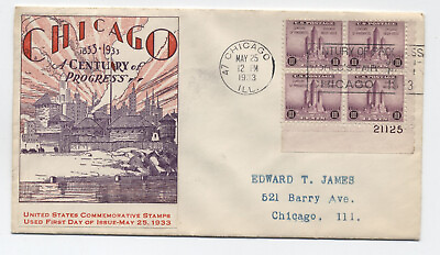 #ad 1933 Chicago century of progress 3ct plate block cacheted FDC y8932 $10.00