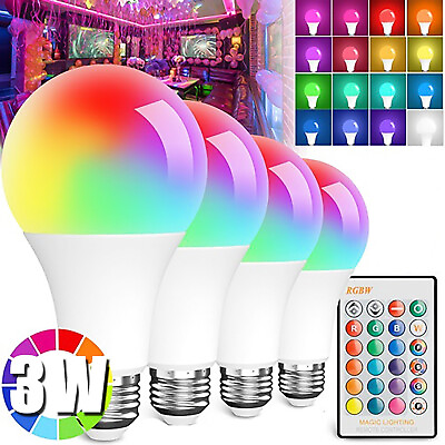 #ad 4 Pack E26 LED Light Bulbs RGB Color Changing 3W A19 Cool White Bulb with Remote $13.73