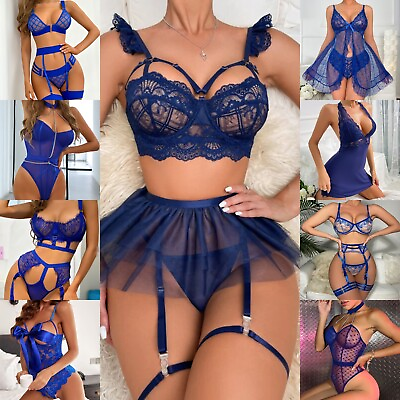 #ad Blue Women#x27;s Sexy Lingerie Babydoll G string Sleepwear Lace Dress Nightwear Set $11.98