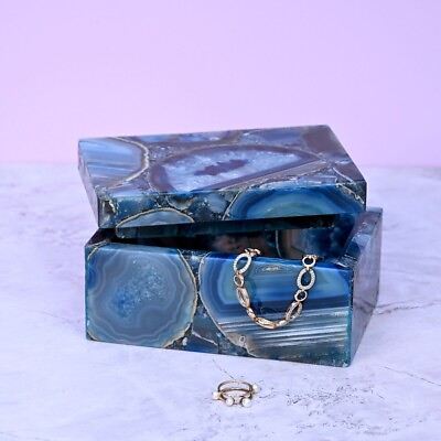 #ad Blue African Agate Jewellery Box Handcrafted Unique Gemstone Storage for Gifts $260.48