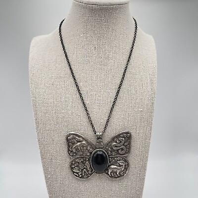 #ad Butterfly Necklace Black Cabochon 3quot; Unique Pendant Gothic Rennaissance Festival $17.50
