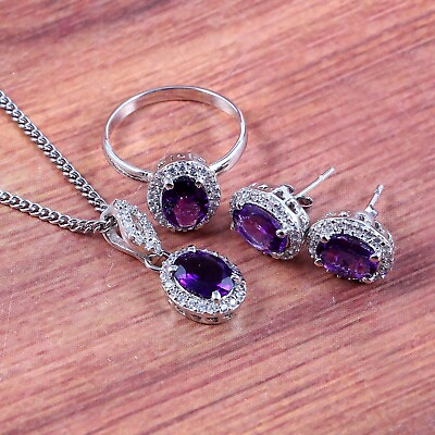 #ad Natural Amethyst Ring Earrings Pendant Halo Jewelry Set 925 Sterling Silver $61.08