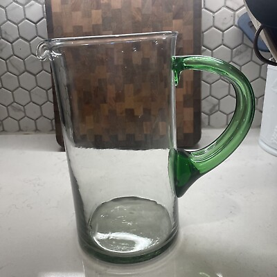 #ad Vintage Large Blown Glass Pitcher Art Glass Applied Green Handle9 1 4quot; x 5quot; $14.87