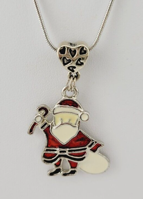 #ad Christmas Necklace Pendant Enamel Santa Silver Tone Chain 18quot; #30 $5.00