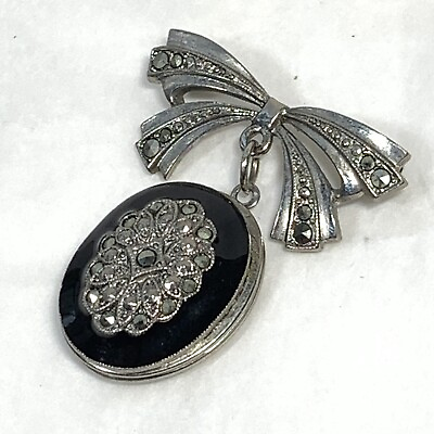 #ad 1928 Brand Locket Pin Brooch Marcasite Black Enamel Dangle Bow Silver Tone $16.95