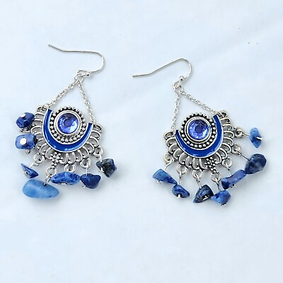 #ad Dangle Wire Chandelier Earrings Blue Silver Tone 2 1 4quot; Glass Sodalite Stone $16.00