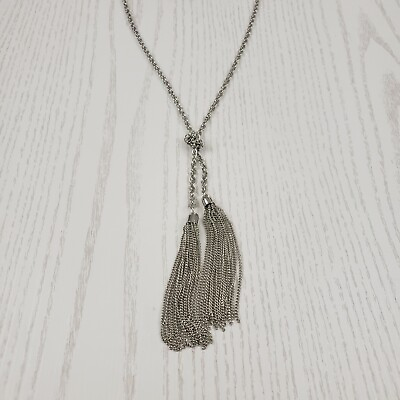 #ad Silver Tone Fringe Double Tassel Necklace Long Chain Knotted Layering Statement $16.99