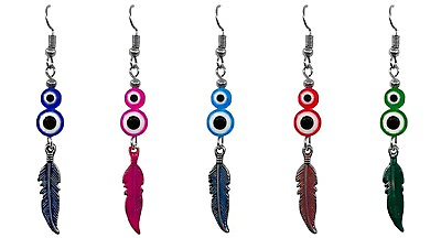 #ad Double Evil Eye Feather Charm Dangle Earrings Spiritual Metaphysical Art Jewelry $13.99