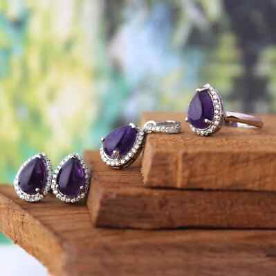 #ad Amethyst Gemstone Ring Earring Pendant Set 925 Sterling Silver Wedding Jewelry $142.20