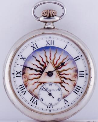 #ad Antique Pocket Watch Silvered Longines Grand Prix Masonic Fancy Enamel Dial 1900 $922.75