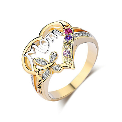 #ad Fine Heart Ring Two tone Plated Heart#x27; Mom #x27; Small Crystal Women Jewelry Gift $2.39