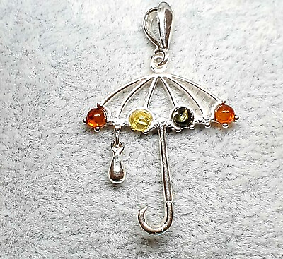 #ad Baltic Amber Pendant Cognac and Green Colour Amber 925 Sterling Silver GBP 29.99