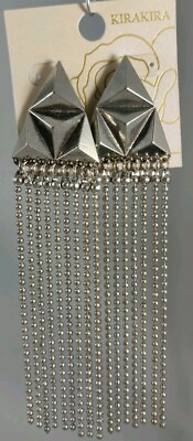 #ad Kira Kira Silver Triangle Stud Earrings With Rows Of Dangling Silver Beads $7.99