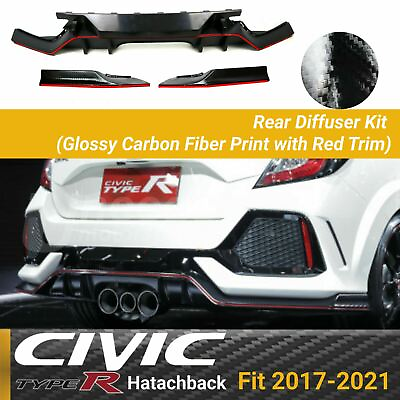 #ad Fits 2017 21 Honda Civic Hatchback Glossy Carbon Fiber Print Red Rear Diffuser $239.99