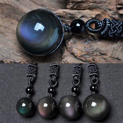 #ad Black Obsidian Rainbow Eye Beads Ball Natural Stone Pendant Transfer Necklace $2.00