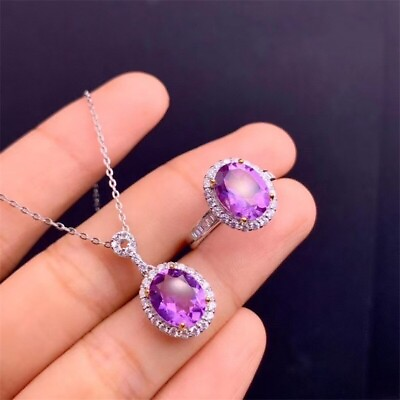 #ad Natural Amethyst Pendant and Ring Jewelry Set Oval Cut Ring and Pendant Set $209.00