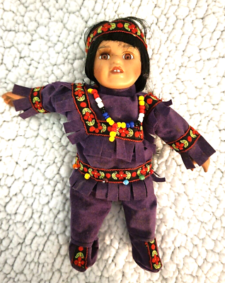 #ad Vintage Indian Girl Doll 8 inch Purple Clothes Beads Brown Eyes Collectible $14.99