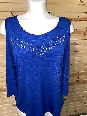 #ad Susan Lawrence Jewel Blue Off Shoulder Studded Blouse Sz XL $18.99