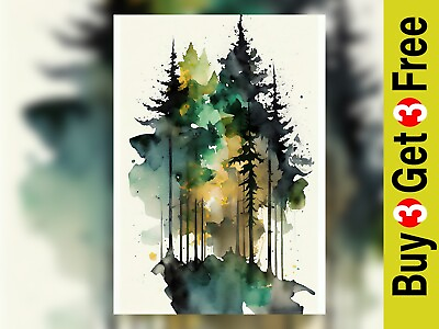 #ad Lush Fir Tree Forest Grove Watercolor Painting Print 5quot; x 7quot; GBP 4.99