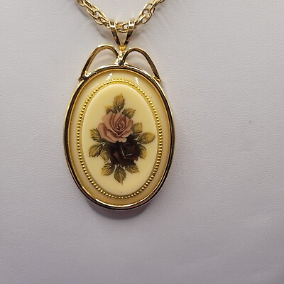 #ad Pendant Necklace Victorian Revival Floral Roses Gold Tone Painted Resin G $12.00