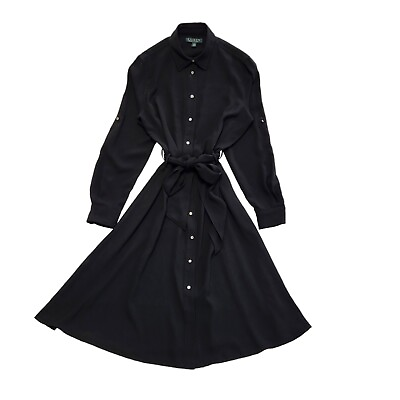 #ad Lauren Ralph Black Long Sleeve A Line Shirt Dress Women#x27;s UK Size 12 US8 DD110 GBP 69.99