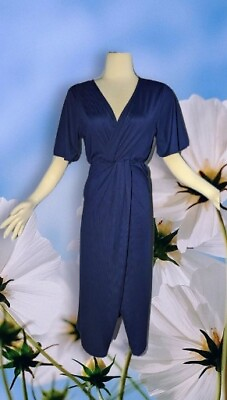 #ad CRESCENT DRIVE Navy Blue Short Sleeve FAUX WRAP Long Dress Ribbed Size Large $23.99