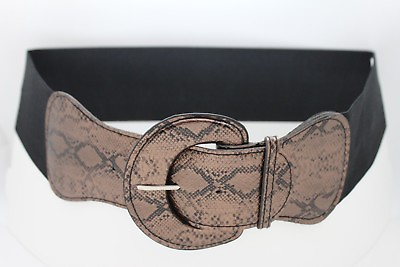 #ad Women Shiny Bronze Fashion Wide Belt Elastic Black Band Snake Skin Print M L XL $11.99