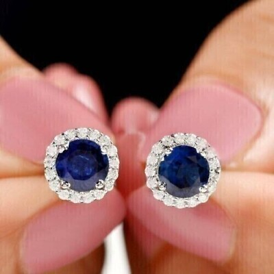 #ad 2CT Round Lab Created Sapphire Diamond Women Stud Earring 14K White Gold Plated $73.49
