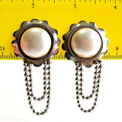 #ad Clip On Earrings industrial chain dangles Faux Pearl and Silver $9.49