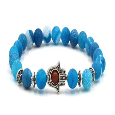 #ad 8mm Blue Agate Bracelet Stretchy Spirituality Cuff Tibet silver Wrist Diy Unisex $3.17
