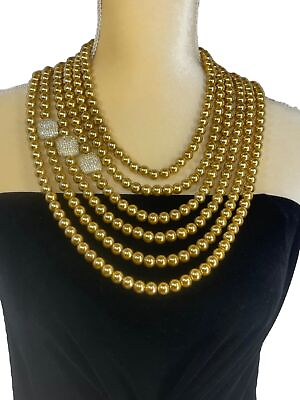 #ad 6 Layers of Gold glass pearls necklace with Cubic Zirconia Spacers and Clasps $250.00